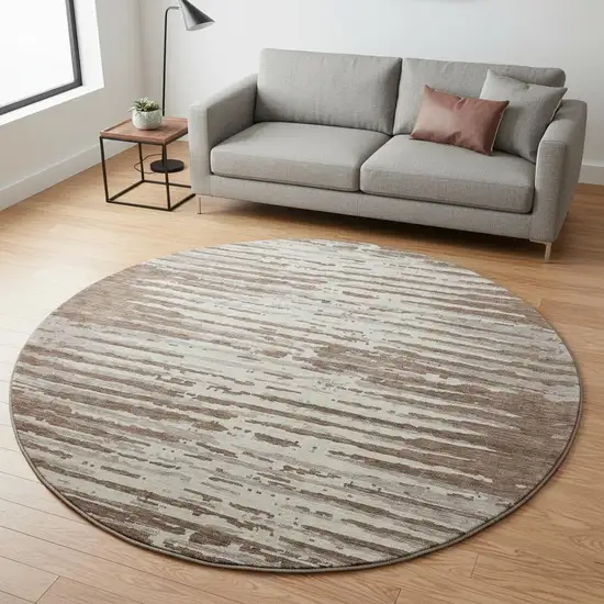 8' Brown And Ivory Striped Washable Round Rug With UV Protection Photo 2