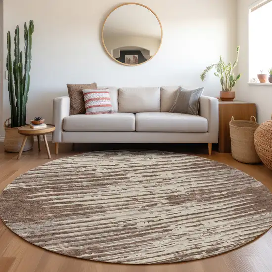 8' Brown And Ivory Striped Washable Round Rug With UV Protection Photo 5
