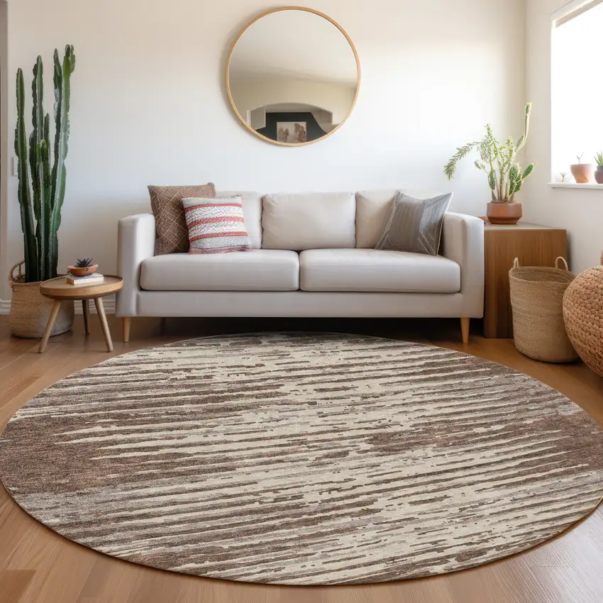 8' Brown And Ivory Striped Washable Round Rug With UV Protection Photo 5