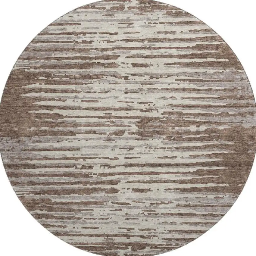 8' Brown And Ivory Striped Washable Round Rug With UV Protection Photo 4