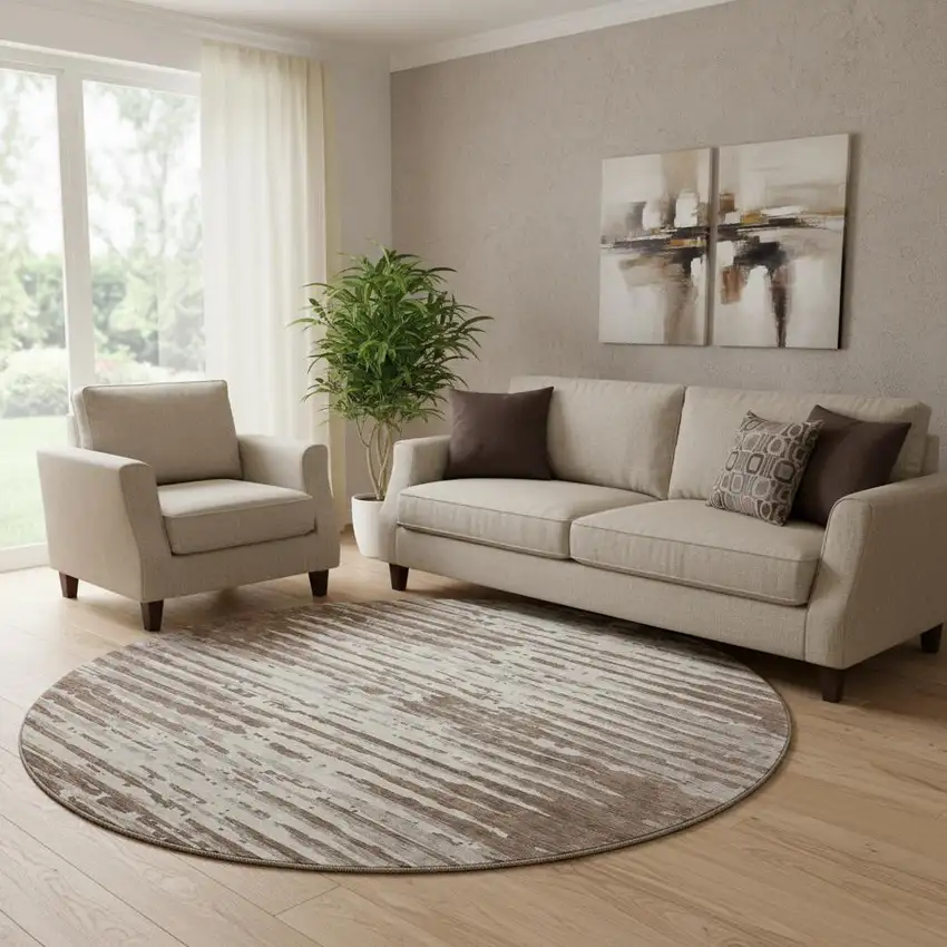 8' Brown And Ivory Striped Washable Round Rug With UV Protection Photo 1