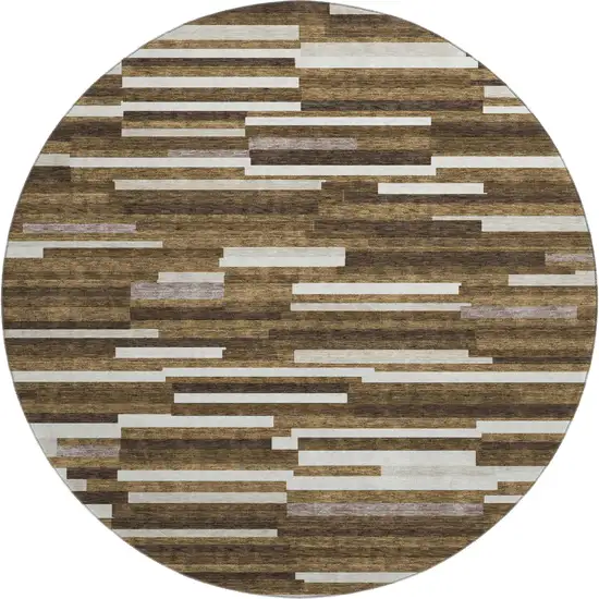 8' Brown And Ivory Striped Washable Round Rug With UV Protection Photo 1