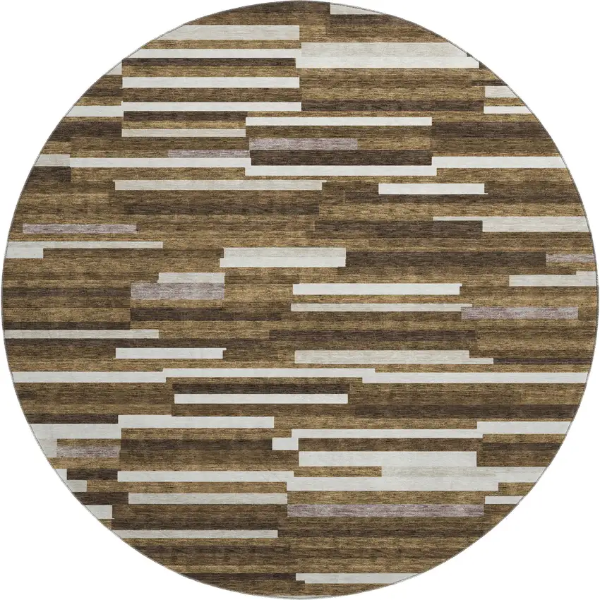 8' Brown And Ivory Striped Washable Round Rug With UV Protection Photo 1