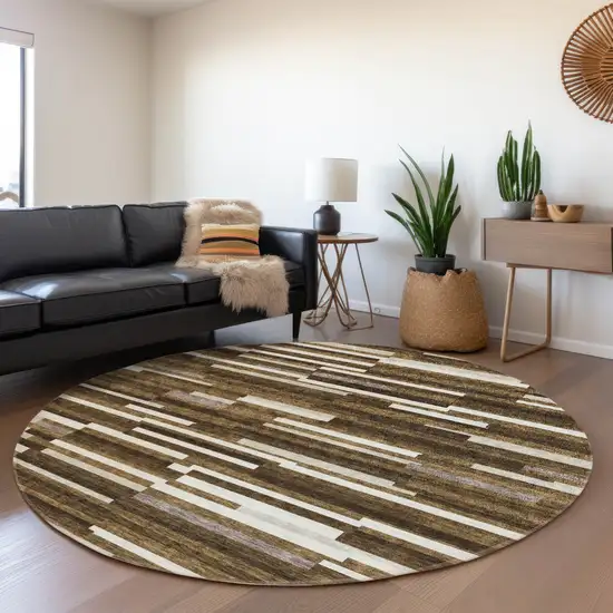 8' Brown And Ivory Striped Washable Round Rug With UV Protection Photo 5