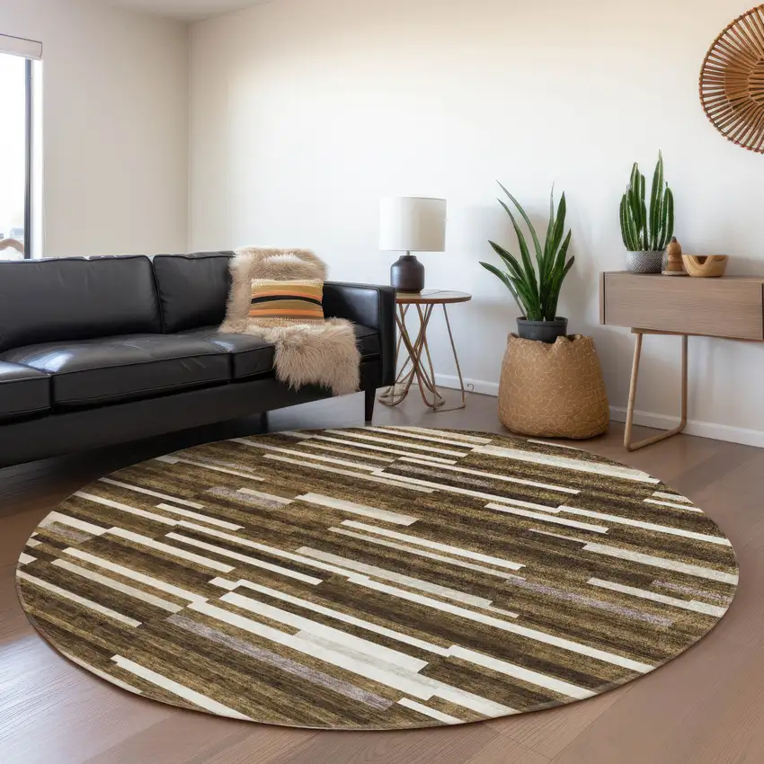 8' Brown And Ivory Striped Washable Round Rug With UV Protection Photo 5