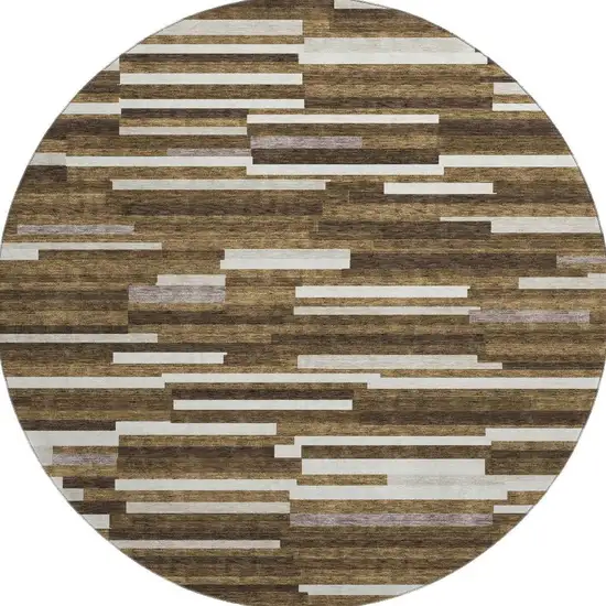 8' Brown And Ivory Striped Washable Round Rug With UV Protection Photo 4