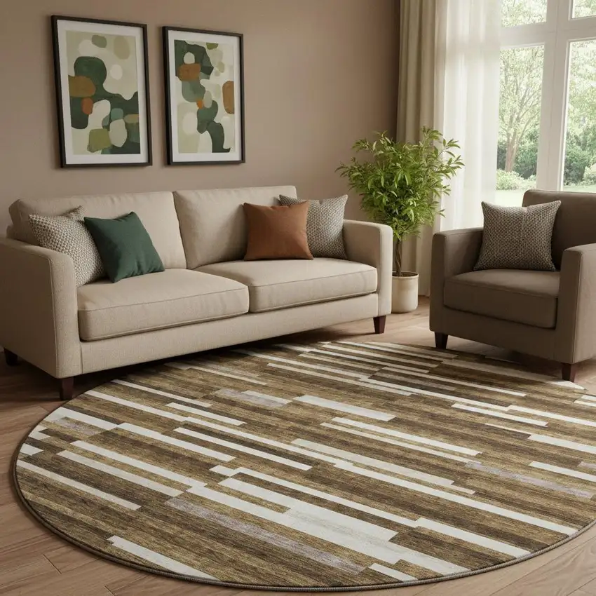 8' Brown And Ivory Striped Washable Round Rug With UV Protection Photo 1