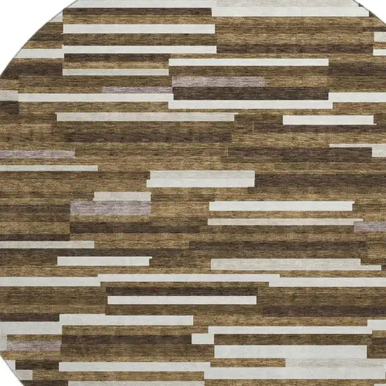 8' Brown And Ivory Striped Washable Round Rug With UV Protection Photo 3