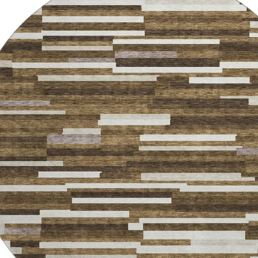 8' Brown And Ivory Striped Washable Round Rug With UV Protection Photo 3