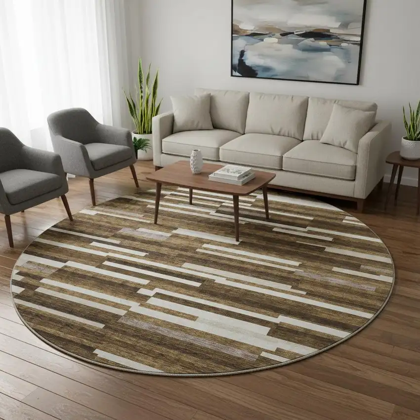8' Brown And Ivory Striped Washable Round Rug With UV Protection Photo 2