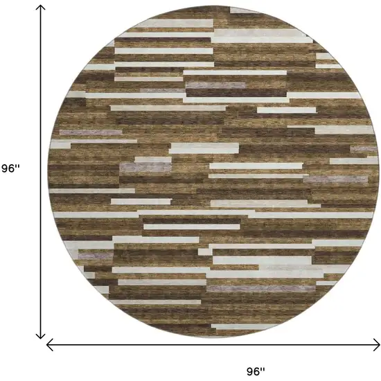 8' Brown And Ivory Striped Washable Round Rug With UV Protection Photo 8