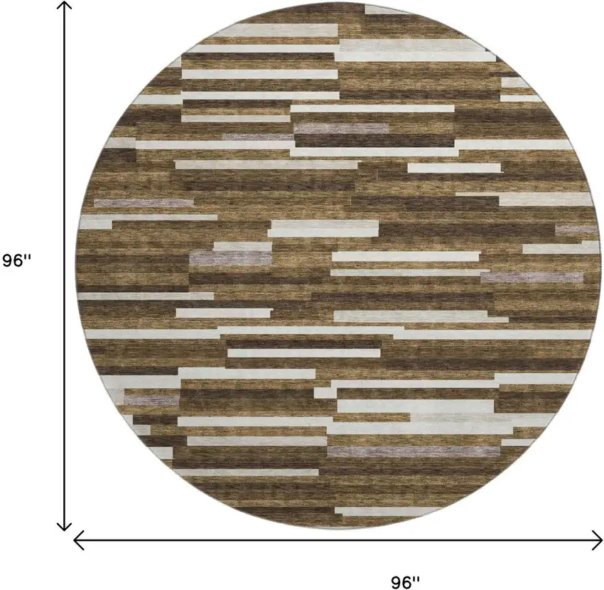 8' Brown And Ivory Striped Washable Round Rug With UV Protection Photo 8