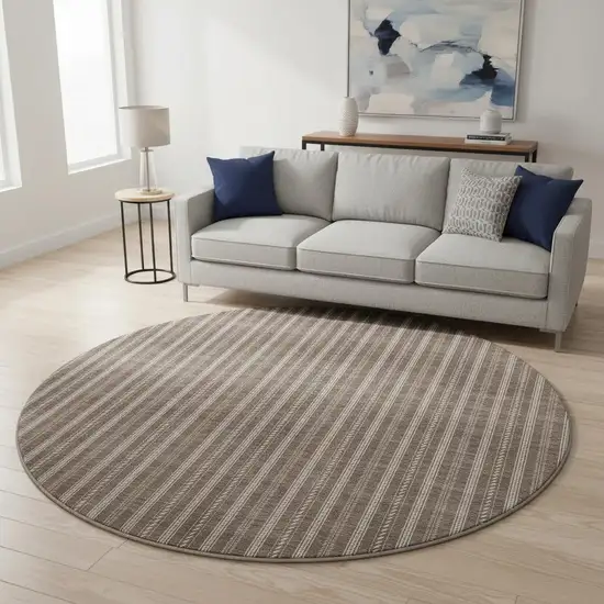 8' Brown And Ivory Striped Washable Round Rug With UV Protection Photo 2