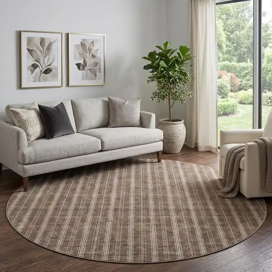 8' Brown And Ivory Striped Washable Round Rug With UV Protection Photo 1