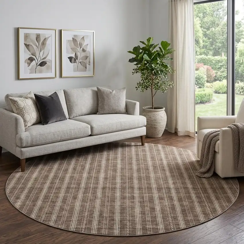 8' Brown And Ivory Striped Washable Round Rug With UV Protection Photo 1