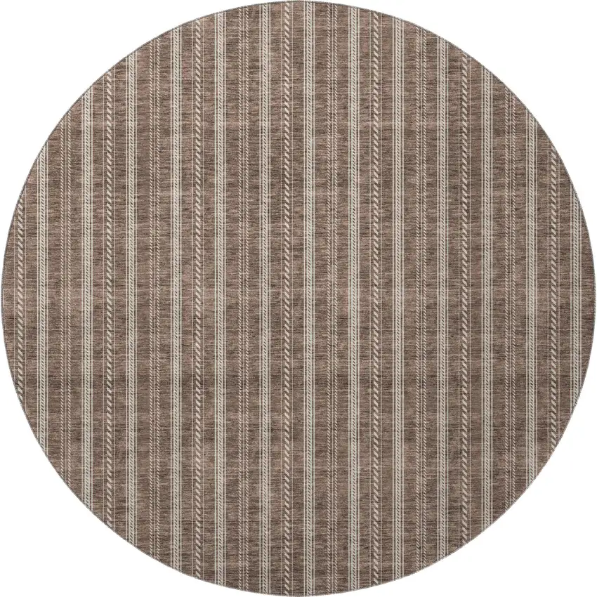 8' Brown And Ivory Striped Washable Round Rug With UV Protection Photo 3