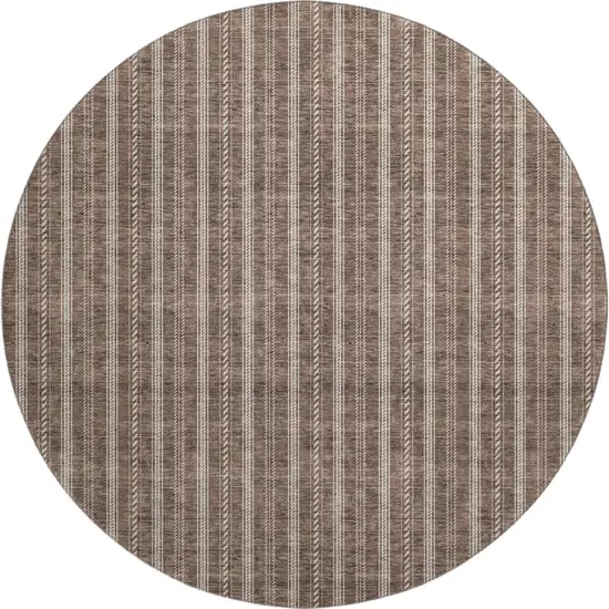 8' Brown And Ivory Striped Washable Round Rug With UV Protection Photo 1