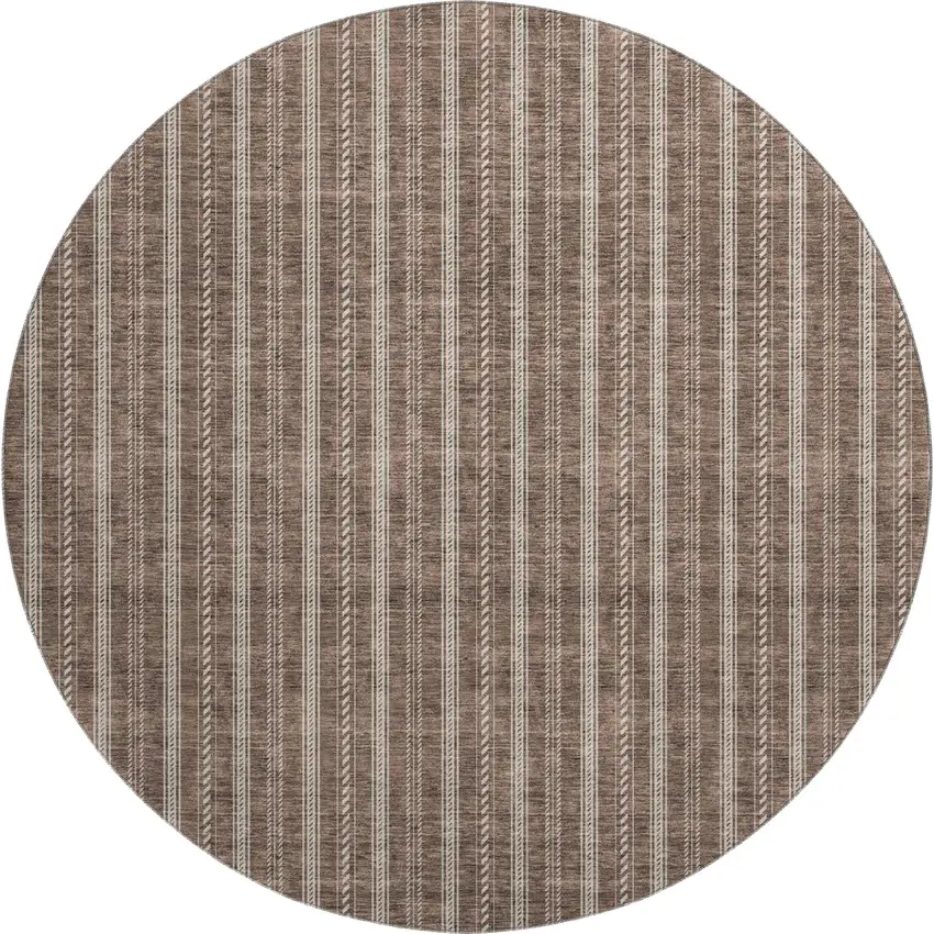 8' Brown And Ivory Striped Washable Round Rug With UV Protection Photo 1