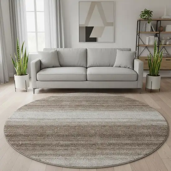 8' Brown And Ivory Striped Washable Round Rug With UV Protection Photo 2