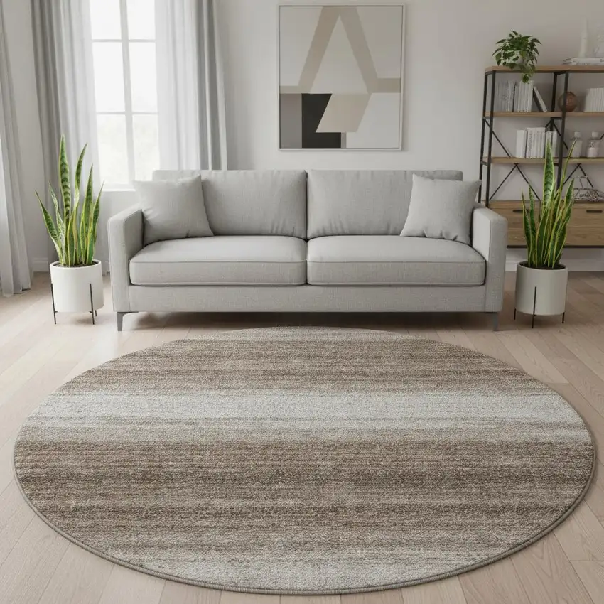 8' Brown And Ivory Striped Washable Round Rug With UV Protection Photo 2