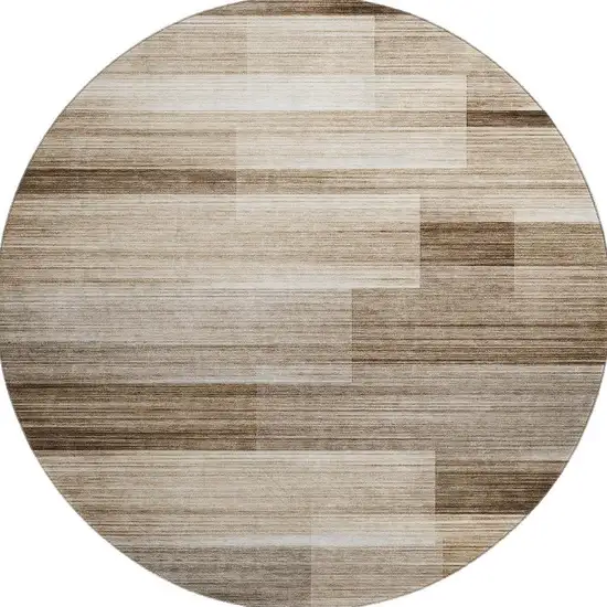 8' Brown And Ivory Striped Washable Round Rug With UV Protection Photo 4