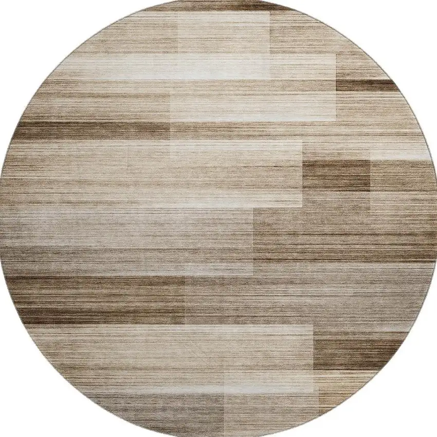 8' Brown And Ivory Striped Washable Round Rug With UV Protection Photo 4