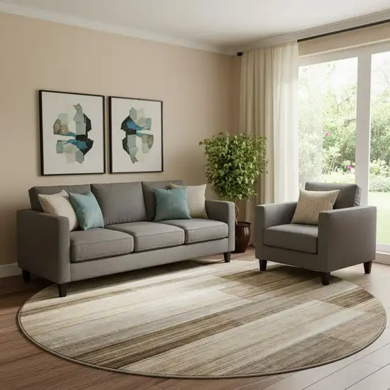 8' Brown And Ivory Striped Washable Round Rug With UV Protection Photo 2