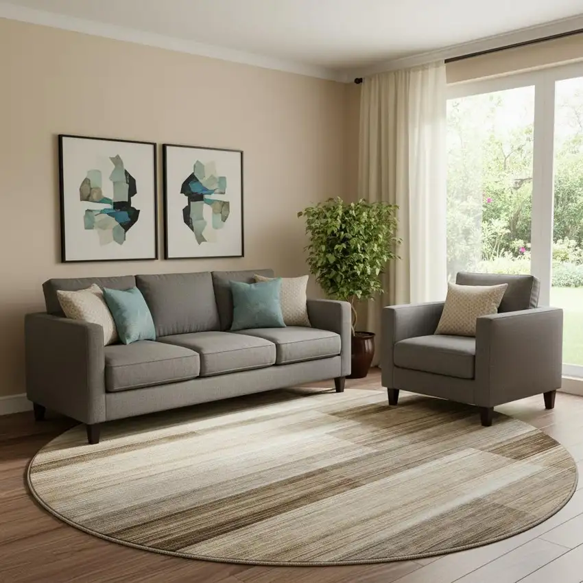 8' Brown And Ivory Striped Washable Round Rug With UV Protection Photo 2