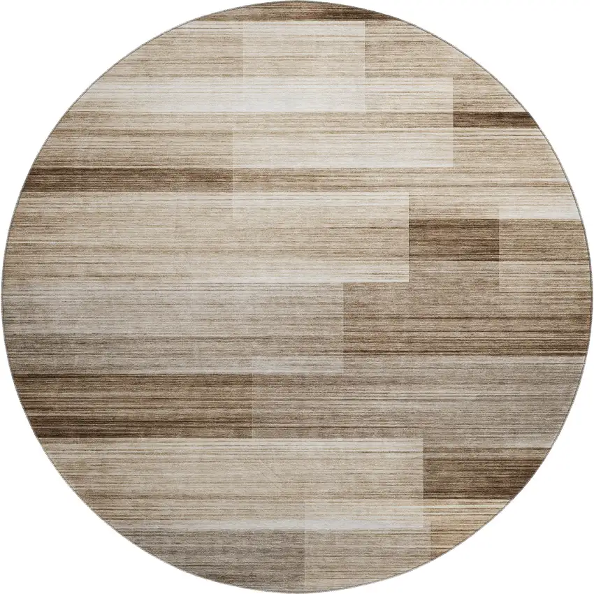 8' Brown And Ivory Striped Washable Round Rug With UV Protection Photo 1