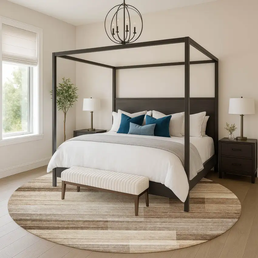 8' Brown And Ivory Striped Washable Round Rug With UV Protection Photo 5