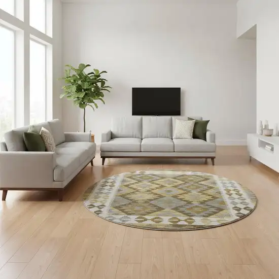 8' Brown And Ivory Tribal Washable Round Rug With UV Protection Photo 2