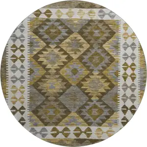Photo of 8' Brown And Ivory Tribal Washable Round Rug With UV Protection