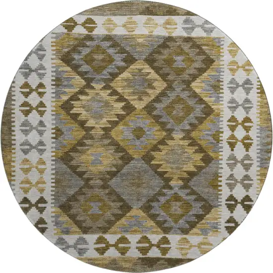 8' Brown And Ivory Tribal Washable Round Rug With UV Protection Photo 1