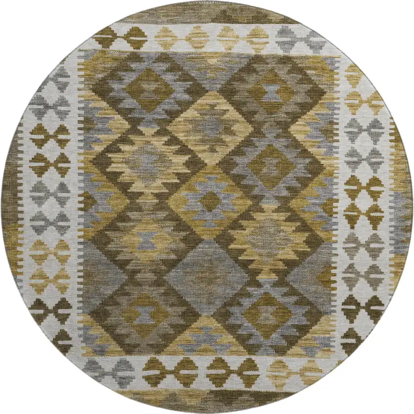 8' Brown And Ivory Tribal Washable Round Rug With UV Protection Photo 1
