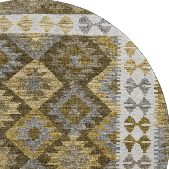 8' Brown And Ivory Tribal Washable Round Rug With UV Protection Photo 4