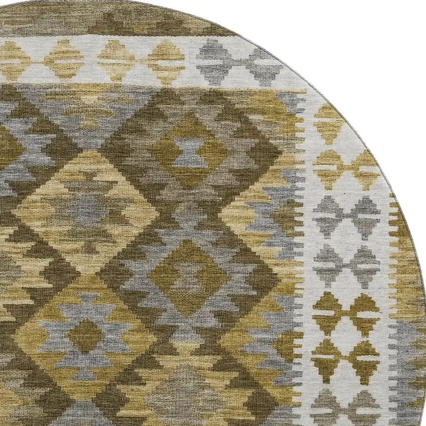8' Brown And Ivory Tribal Washable Round Rug With UV Protection Photo 4