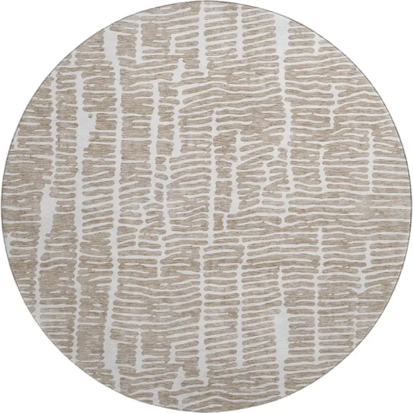 8' Brown And Ivory Vermicular Washable Round Rug With UV Protection Photo 1