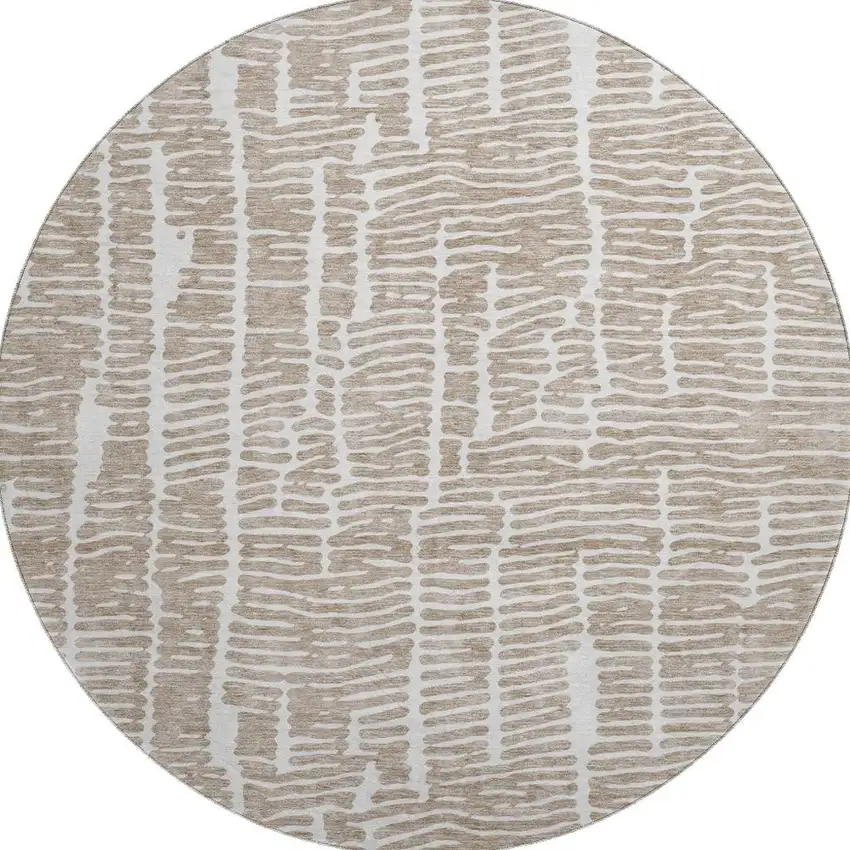 8' Brown And Ivory Vermicular Washable Round Rug With UV Protection Photo 4