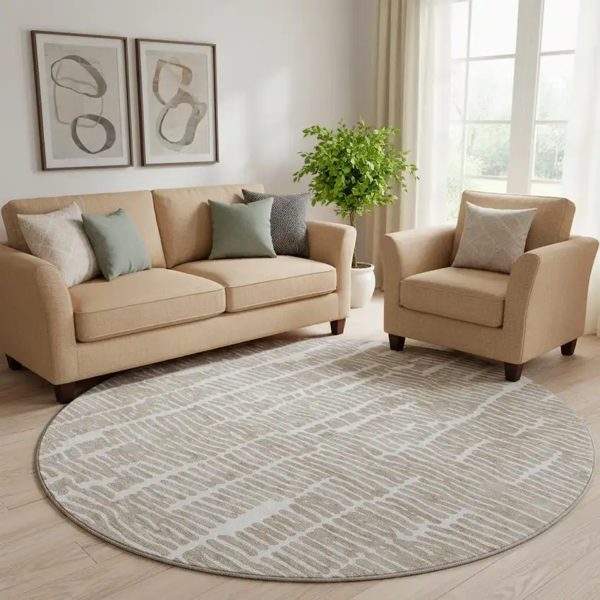 8' Brown And Ivory Vermicular Washable Round Rug With UV Protection Photo 1