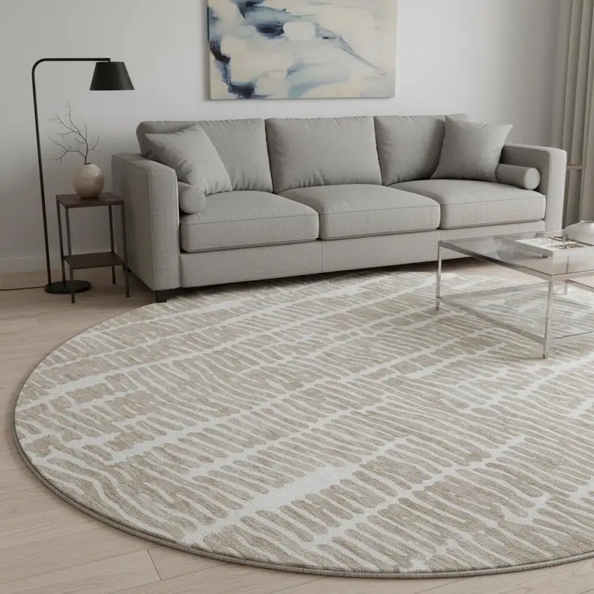 8' Brown And Ivory Vermicular Washable Round Rug With UV Protection Photo 2