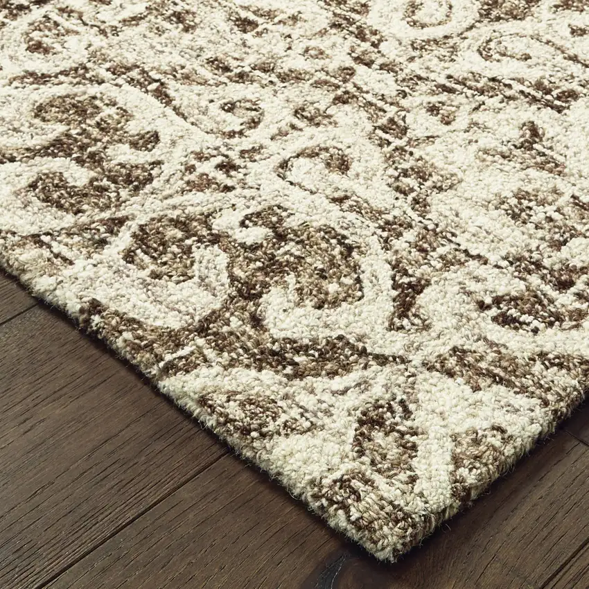 8' Brown And Ivory Wool Floral Hand Tufted Runner Rug Photo 8