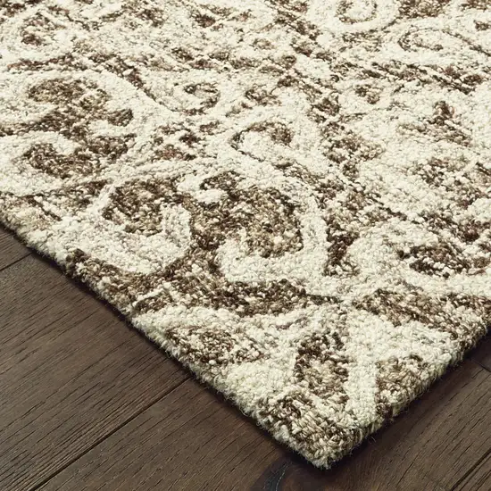 8' Brown And Ivory Wool Floral Hand Tufted Runner Rug Photo 8