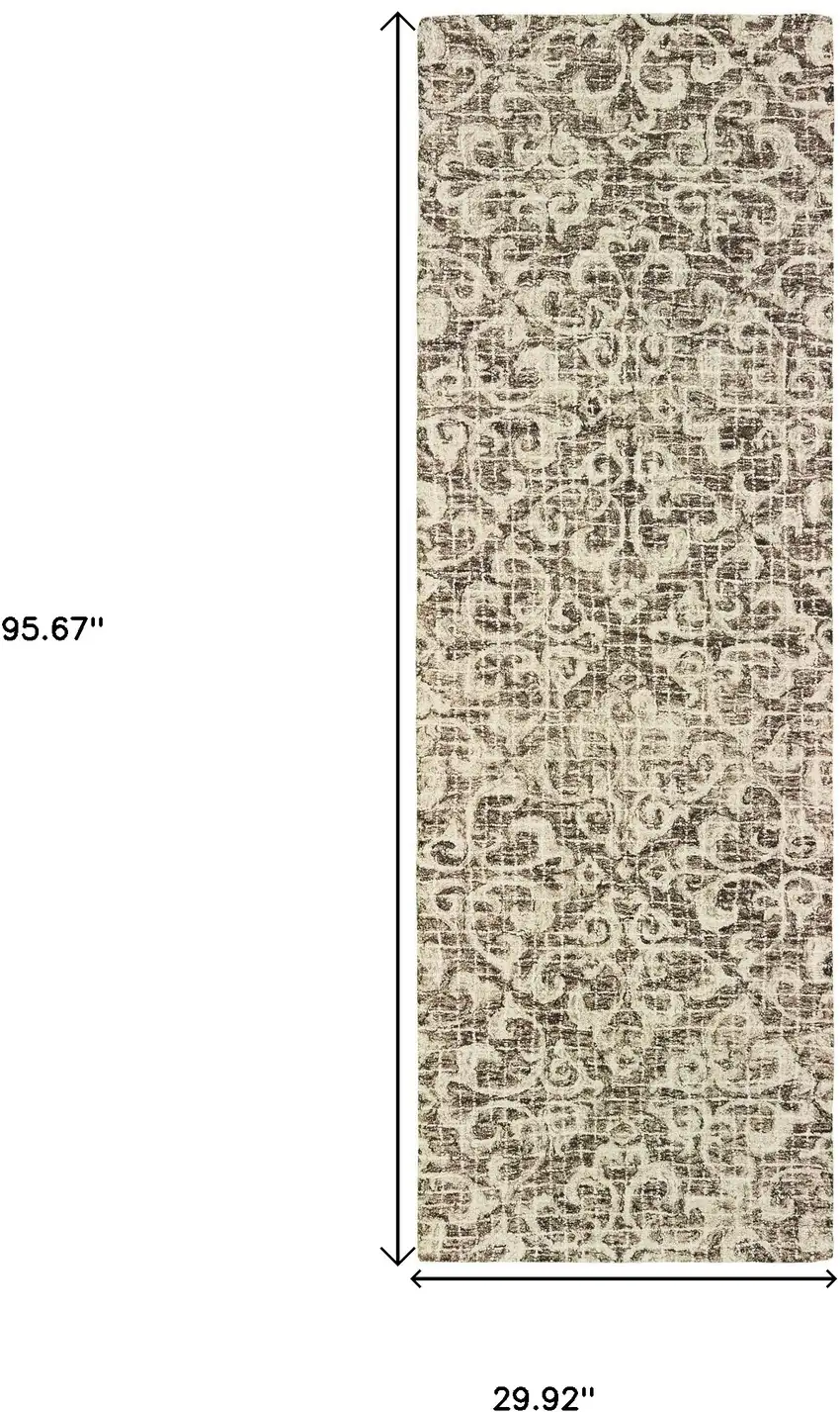 8' Brown And Ivory Wool Floral Hand Tufted Runner Rug Photo 3