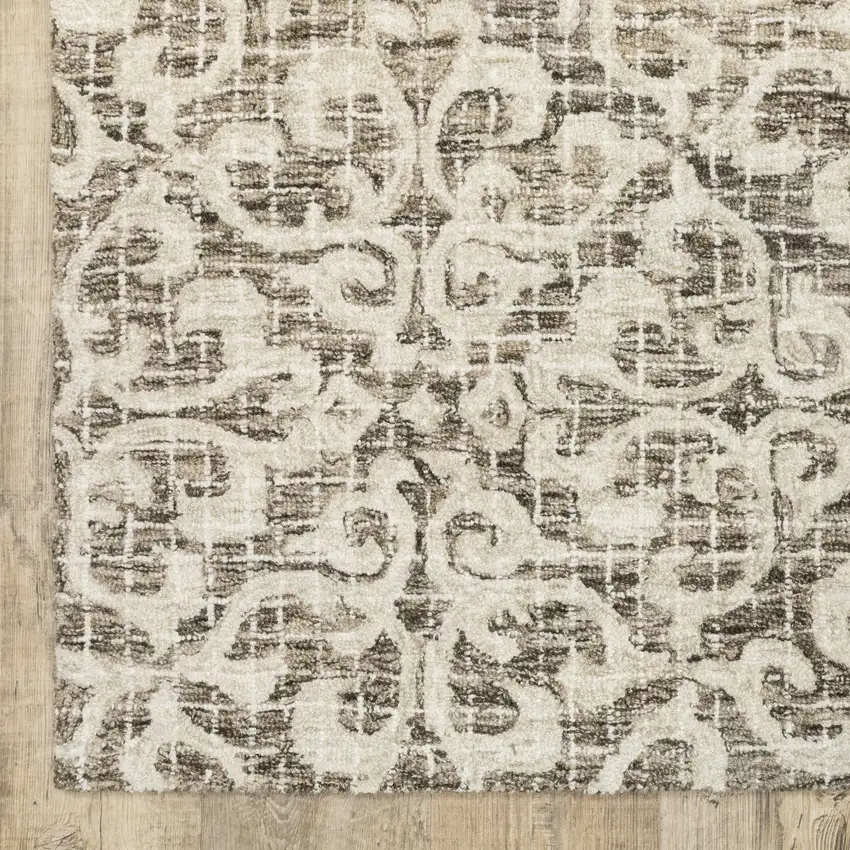 8' Brown And Ivory Wool Floral Hand Tufted Runner Rug Photo 6