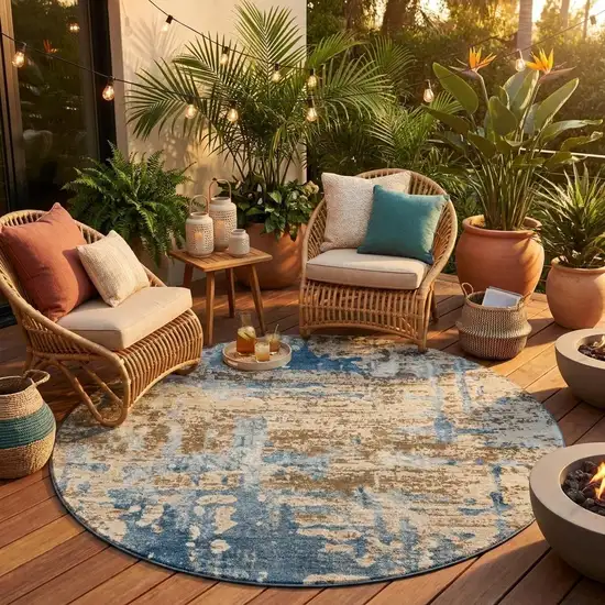 8' Brown And Khaki Round Abstract Washable Indoor Outdoor Area Rug Photo 1