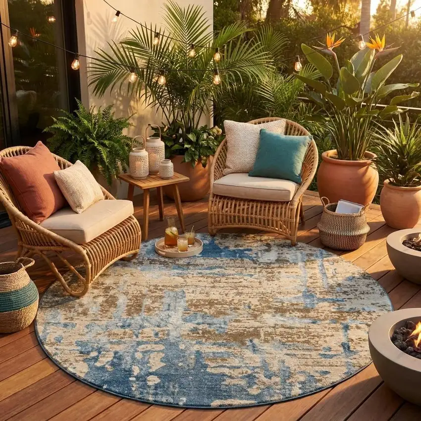 8' Brown And Khaki Round Abstract Washable Indoor Outdoor Area Rug Photo 1
