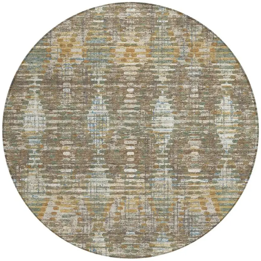 8' Brown And Khaki Round Floral Medallion Washable Indoor Outdoor Area Rug Photo 3