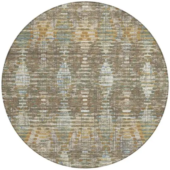 8' Brown And Khaki Round Floral Medallion Washable Indoor Outdoor Area Rug Photo 3