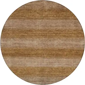 Photo of 8' Brown And Khaki Round Striped Washable Indoor Outdoor Area Rug