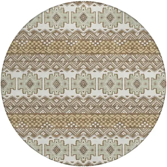 8' Brown And Khaki Round Striped Washable Indoor Outdoor Area Rug Photo 2